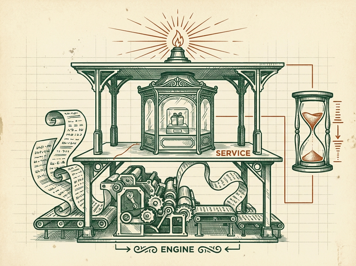 产品分层结构：引擎、服务、叙事，配 3 天倒计时沙漏